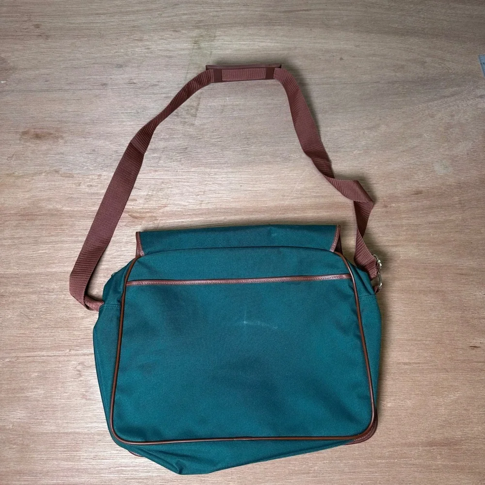 Polo Ralph Lauren Messenger Bag Teal Green Canvas Brown Trim Vintage Crossbody